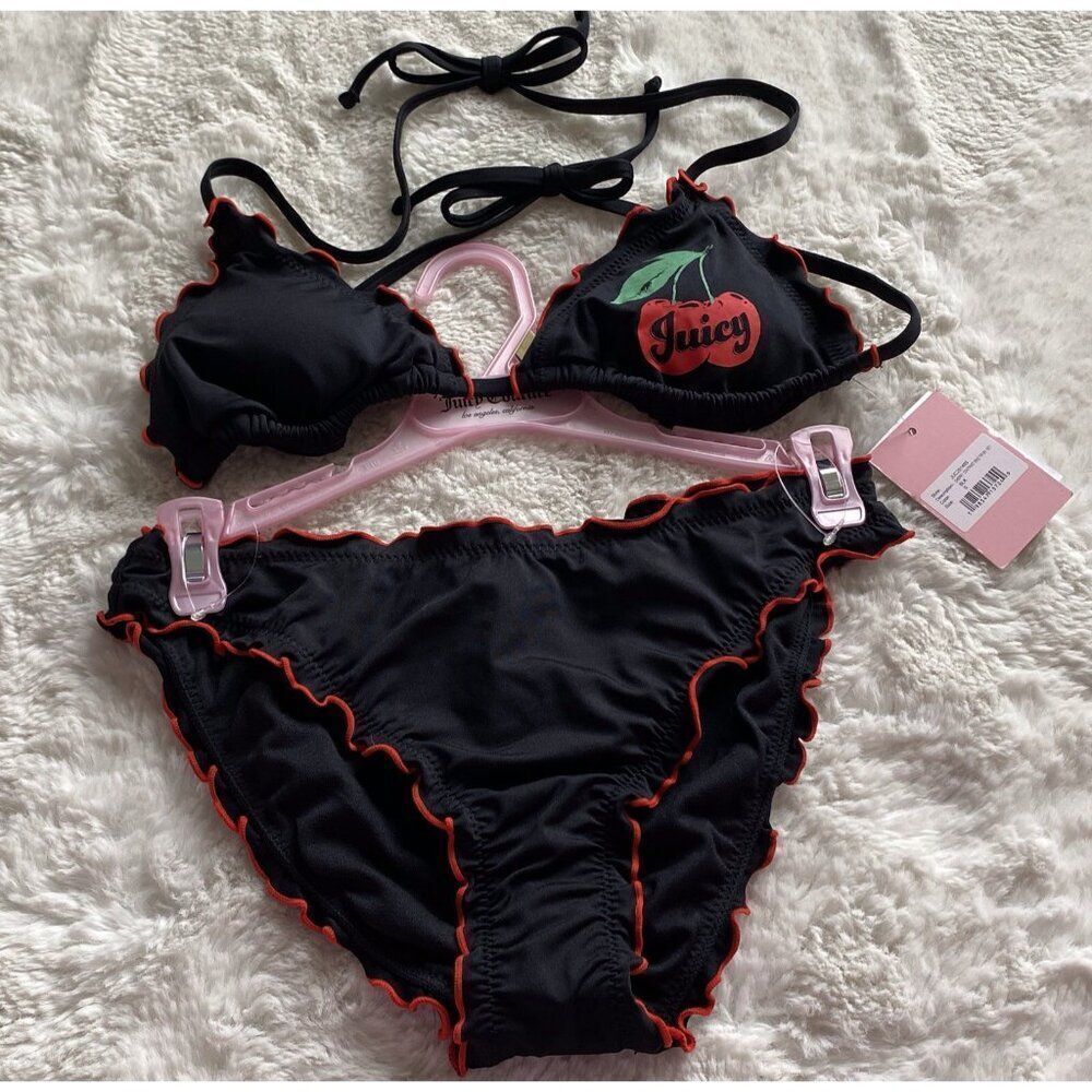 Juicy Couture Cherries Cherry Contrast Bind Bikini Set Women’s Sz S Black NEW